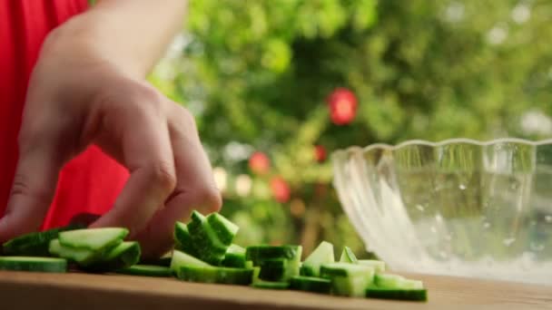 Домохозяйка готовит салат и режет огурцы ножом — стоковое видео