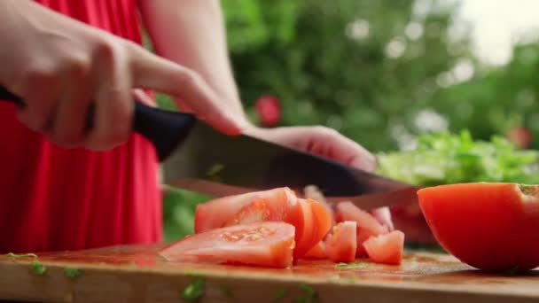 Señora manos preparar ensalada de verduras frescas y cortar tomate maduro — Vídeos de Stock