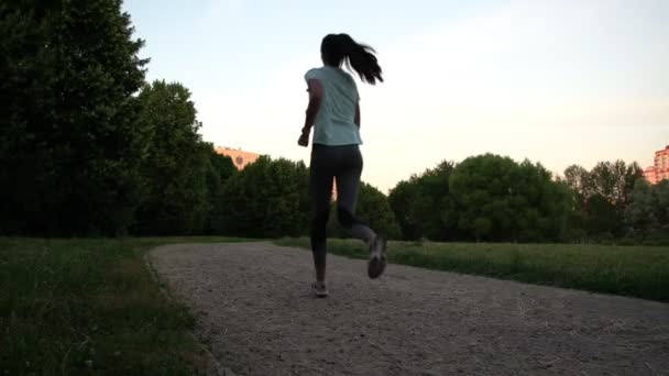 Jeune femme sportive court le long de la route grise dans le parc vert — Video
