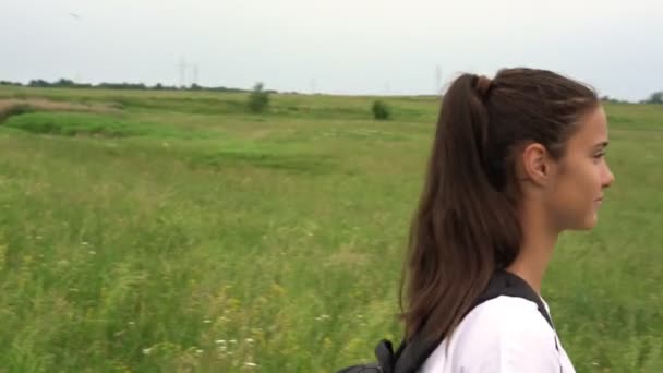 Lächelnde Dame mit Pferdeschwanz wandert über weite, saftige Wiese — Stockvideo