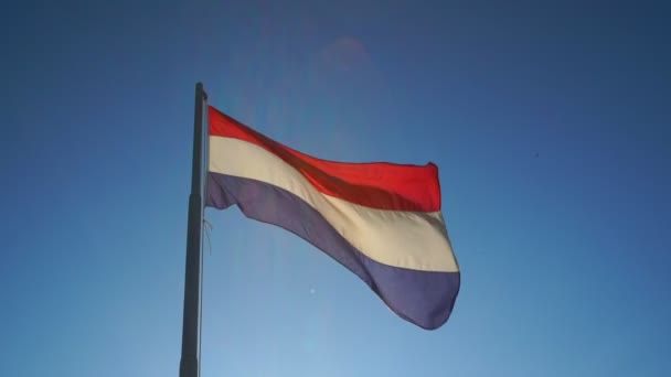 Países Bajos bandera del estado ondea en asta de bandera bajo el cielo azul — Vídeos de Stock