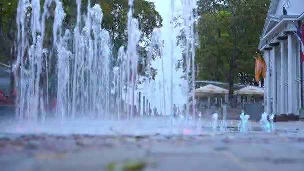 Belas nascentes de água da fonte com iluminação colorida — Vídeo de Stock