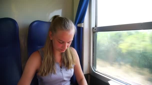 Young girl puts on sunglasses and enjoys passing landscapes — Stock Video