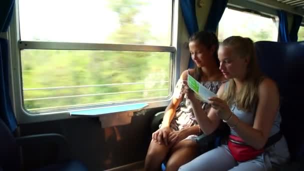 Dívky se dívají na brožuru a mluvit procházející krajiny ve vlaku — Stock video