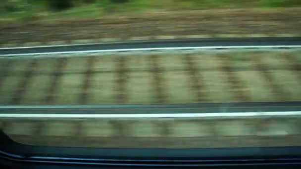 Spoorrails lopen voor ogen door het raam van de trein — Stockvideo