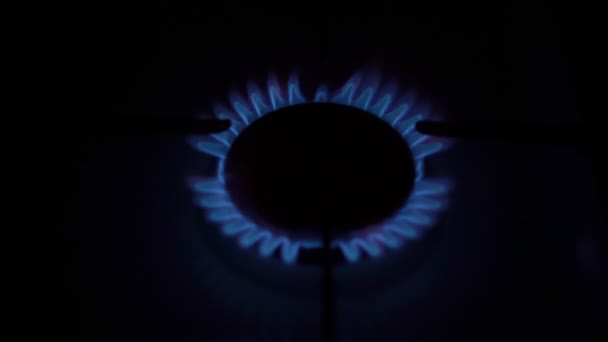 Blue gas from stove burner lightening in dark kitchen — Stock Video