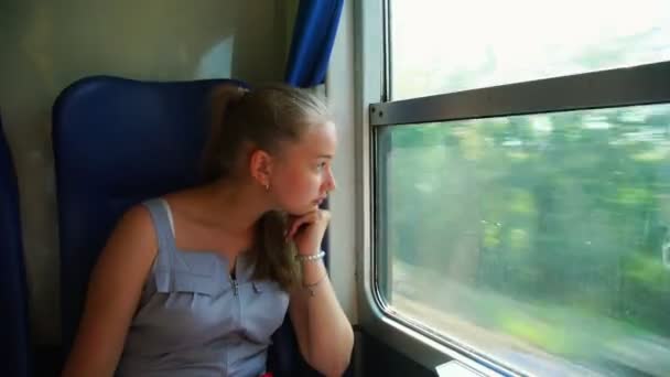 Beautiful girl looks at landscapes out moving train window — Stock Video