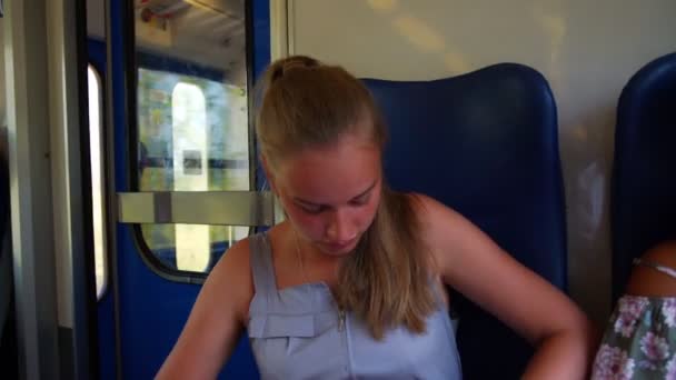 Pretty blonde takes phonecall looking aside in train — Stock Video