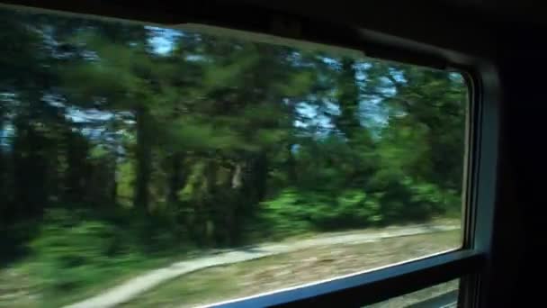 Country landscape changes outside intercity train window — Stock Video