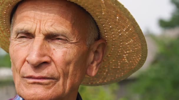 Старший мужчина с морщинистым лицом смотрит вокруг сада близкий вид — стоковое видео
