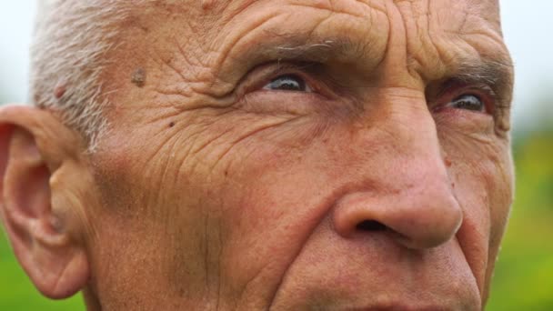 Senior homme brun yeux plisser les yeux regarder vers le haut et clignoter au ralenti — Video