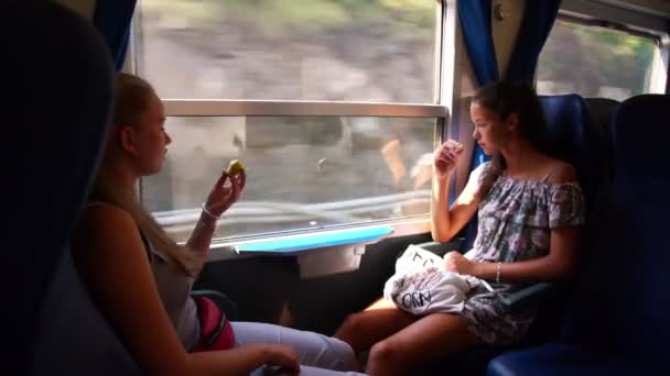 Tiener meisjes eten appels en kijk naar de natuur uit trein raam — Stockvideo