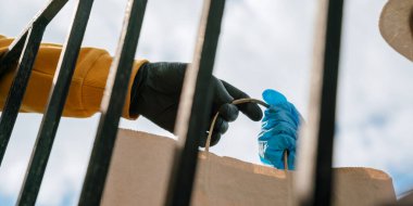 Eldivenli eller, çitin arkasındaki ürünlerin olduğu kağıt torbayı tutar.