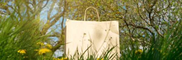 Sac en papier recyclable avec des stands de nourriture sur l'herbe contre les arbres — Photo