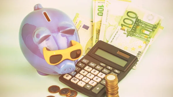 Para birimi banknotları ve hesap makinesinin yanındaki kumbara.