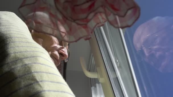 Concentrated old man in glasses looks through window — Stock Video