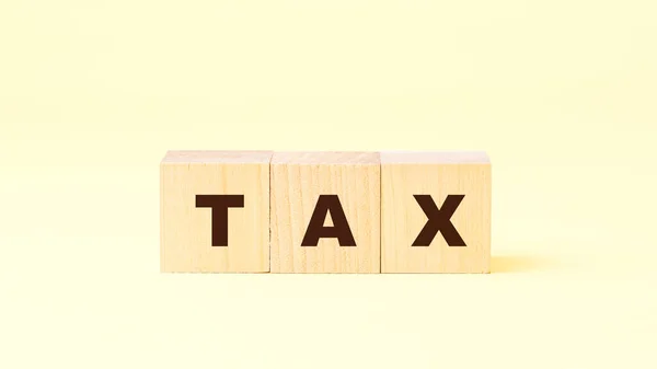 Slovní daň s malými dřevěnými kostkami na jasně žlutém pozadí — Stock fotografie