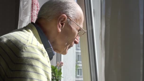 Концентрированный пожилой мужчина в очках смотрит в окно — стоковое видео