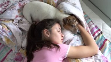 Genç esmer köpek uyurken sarılır ve hayvan uyanır.