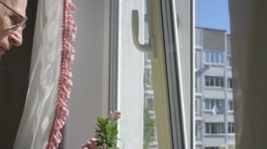 Gözlüklü gülümseyen emekli bahçedeki pencereden dışarı bakıyor.