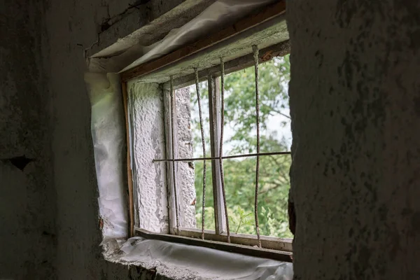 Fenêtre abandonnée couverte de grilles et de plantes à l'extérieur — Photo