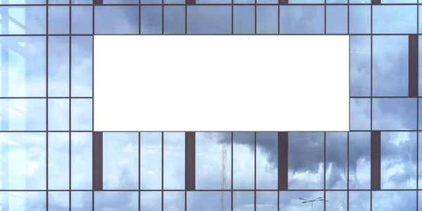 template banner against building windows reflecting blue sky
