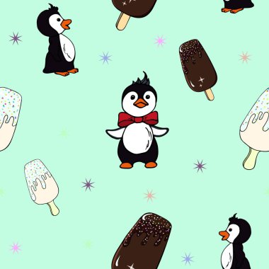 Dikişsiz arka plan, küçük mutlu penguenler ve mavi arka plan üzerinde kahverengi çikolatalı dondurma Popsicle ile illüstrasyon