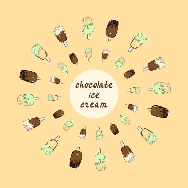 Background for the design of cards, colorful illustration of sweet food-dessert chocolate ice cream on a stick, fruit ice cream, the name of the ice cream