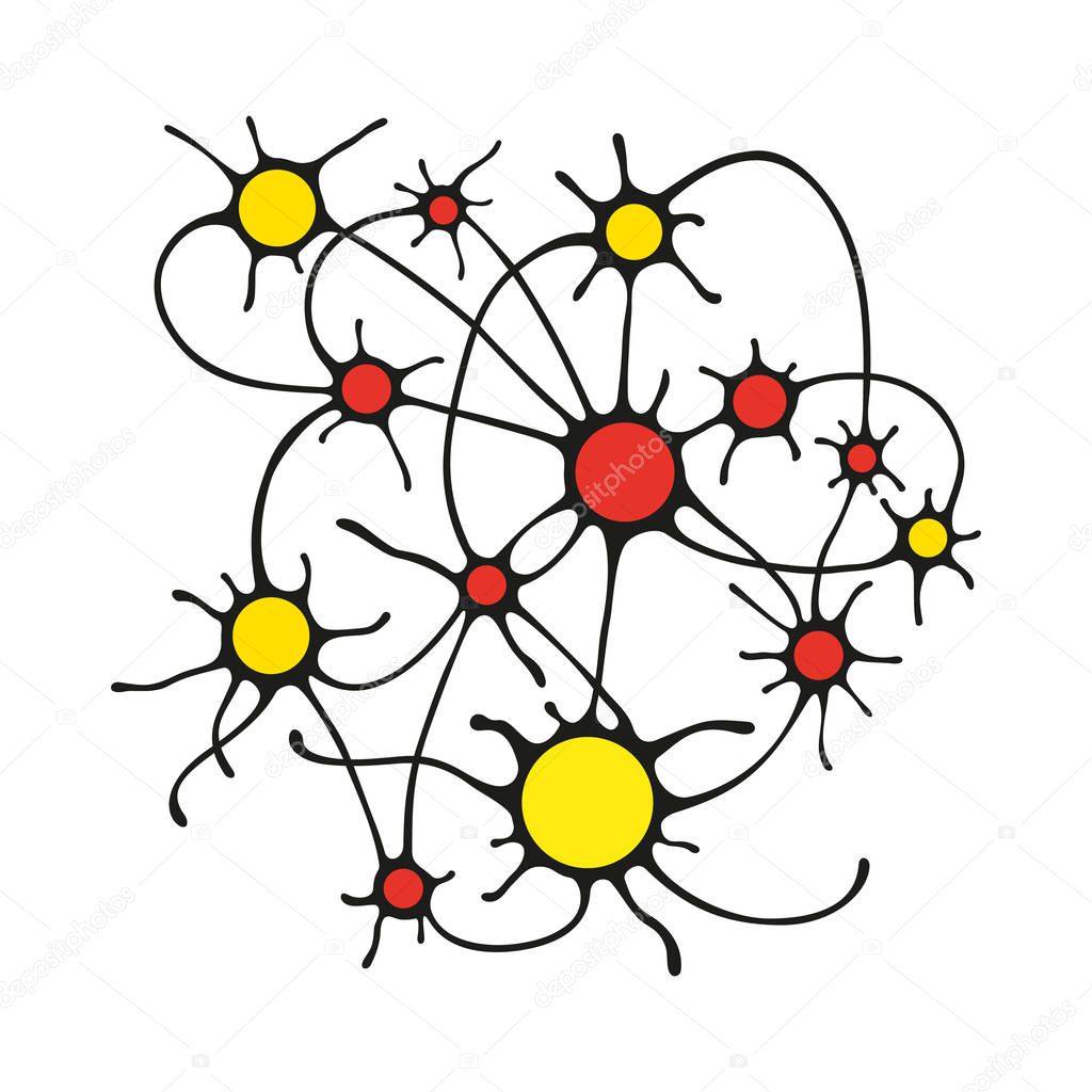 Illustration of colored circles and a black outline, connected by lines, connection of neurons in biology or the relationship between the planets, nodes of the contour template to print plan