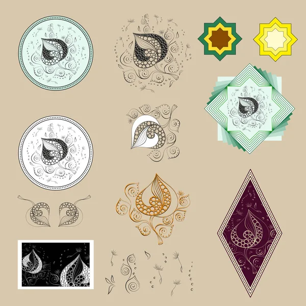 Ilustración de una hoja de árbol con patrones ornamentales de semillas y figuras, dibujo para uso personal en el emblema o envoltura — Vector de stock