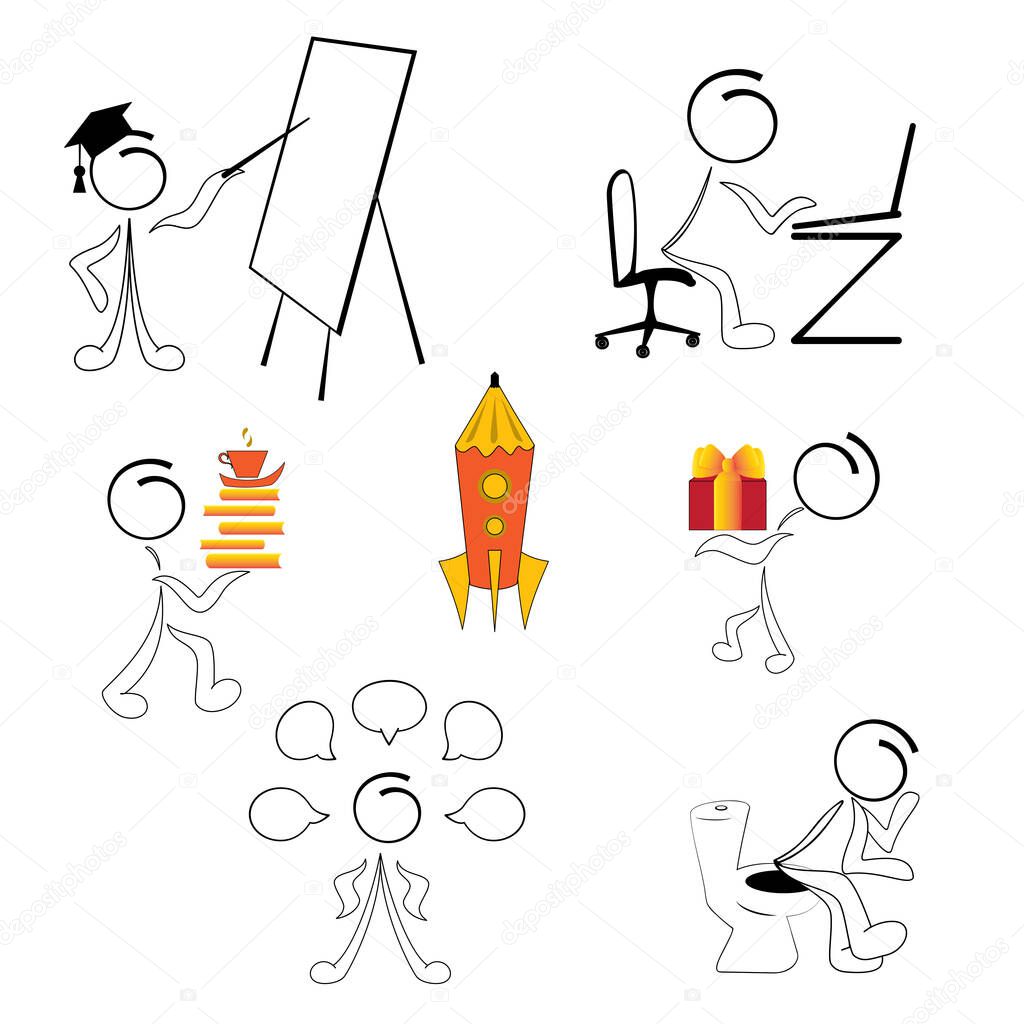 Icon set of small images of people and educational symbols for studying at a university or school, a cute miniature scene of people, a student, a person who thinks, studies, expects