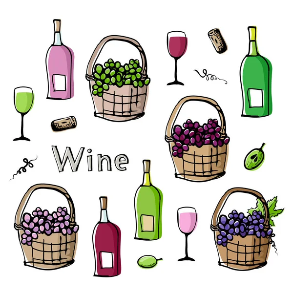 葡萄酒和葡萄图标 柳条篮子里的一张素描的瓶子 玻璃和浆果 酿酒主题手绘元素和文字 具有偏移效果的涂鸦样式绘图 向量例证 — 图库矢量图片