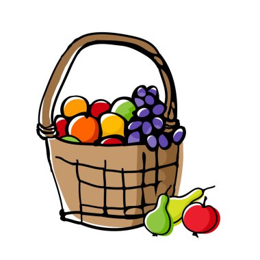 Hasır sepet meyve. Organik gıda ile sonbahar sezonu yarım yamalak kompozisyon. Elma, armut ve üzüm çizilmiş öğeleri ver. Mahsup etkisi ile çizim stili doodle. Vektör çizim.