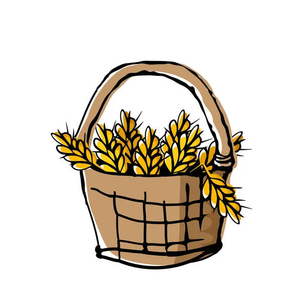 Wheat Ears Wicker Basket Sketchy Composition Fresh Organic Food Farming — Stock Vector