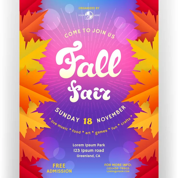 秋フェア ポスター デザイン 招待状のテンプレートです カスタマイズしたテキストと抽象的なカエデの葉 明るいカラフルな背景に影 ベクトル図 — ストックベクタ