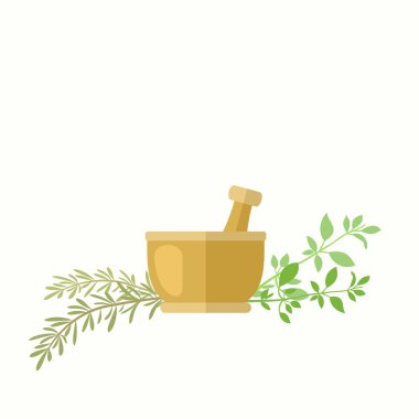 Biberiye ve fesleğen ile kompozisyon. Aromatik otlar ve harç ve yemek pişirmek için havaneli veya bitkisel ilaç tema. Uzay kopyalayın. Vektör dosyası Eps8 olduğunu.