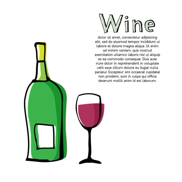一瓶酒和酒杯 素描组成的葡萄酒制作主题 手绘元素和文本 具有偏移效果的涂鸦样式绘图 向量例证 — 图库矢量图片