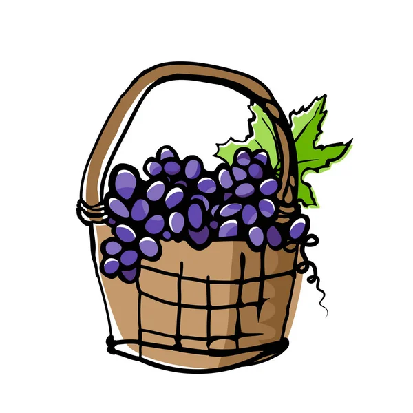 Druiven Rieten Mand Schetsmatig Samenstelling Met Verse Biologische Voeding Landbouw — Stockvector