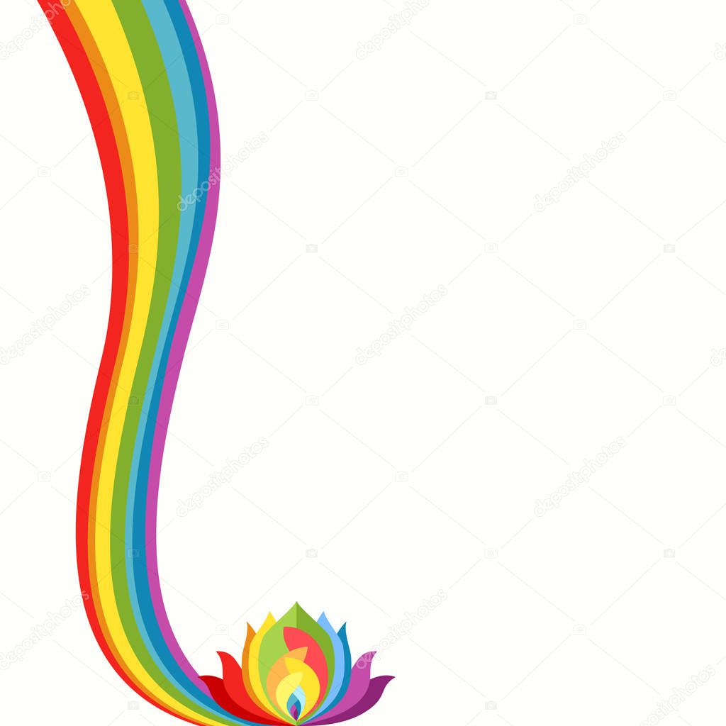 Rainbow and Lotus harmony concept. Colorful elements. Card or poster template. Copy space. Vector illustration.