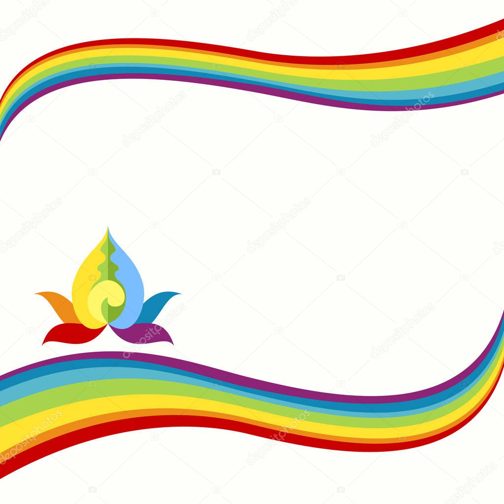Rainbow and Lotus border. Colorful elements for card or poster template. Copy space. Vector illustration.