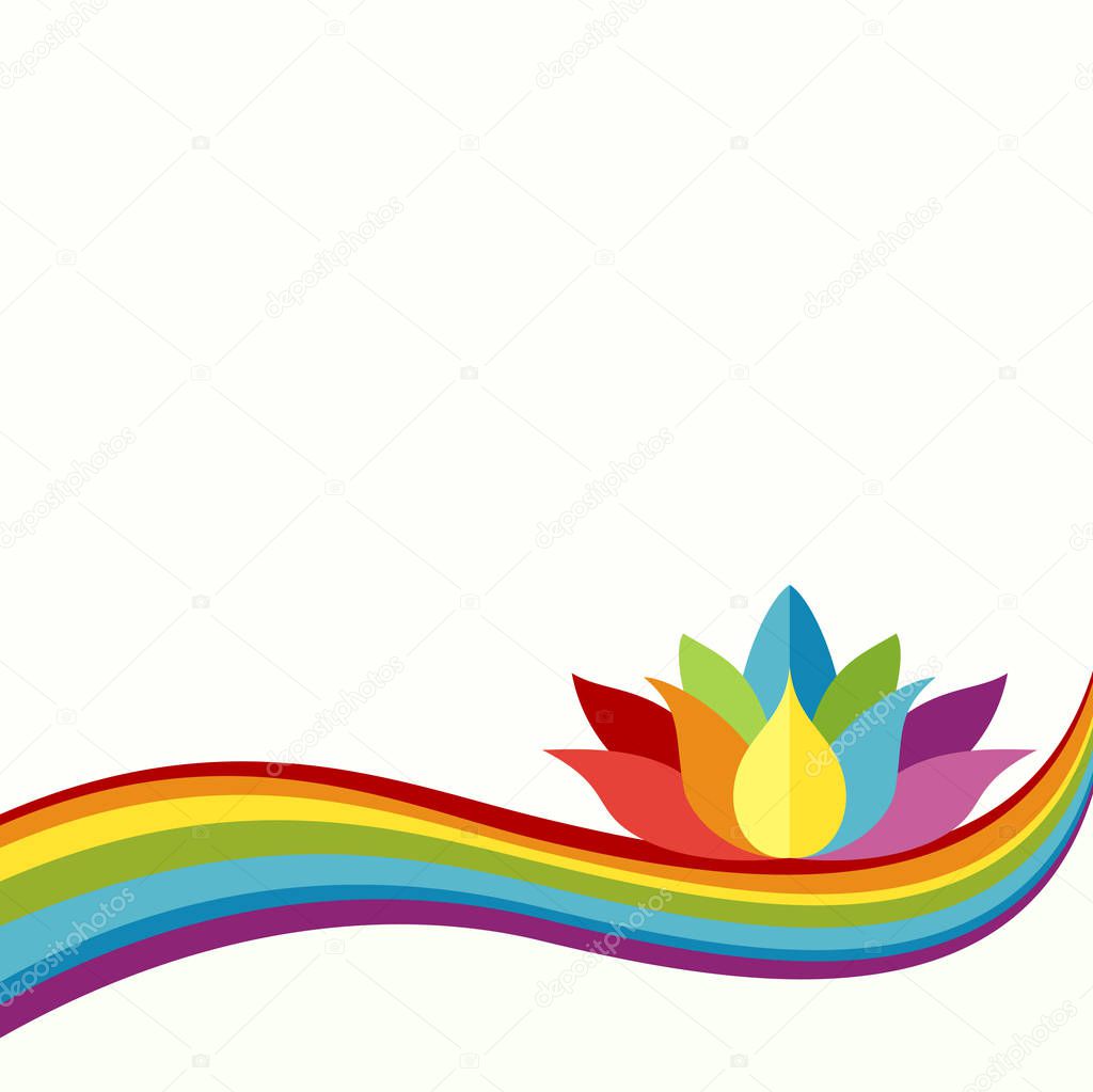 Rainbow lotus background. Colorful elements for card or poster template. Copy space. Vector illustration.