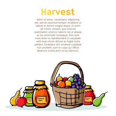Sepeti sonbahar hasat. Sonbahar sezonu yarım yamalak bileşimi tasarruf ile Bahçe organik gıdalardan. Meyve, üzüm ve sıkışmaları çizilmiş öğeleri ver. Mahsup etkisi ile çizim stili doodle. Vektör çizim.