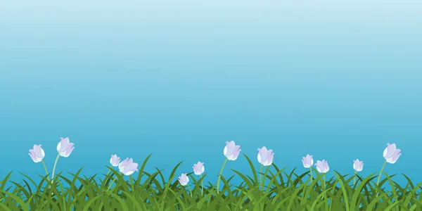 青いチューリップの背景 草と野生の花の明るい草地 再現性のある自然のパターン 水平方向のシームレスな花の境界線 ベクトル図 — ストックベクタ