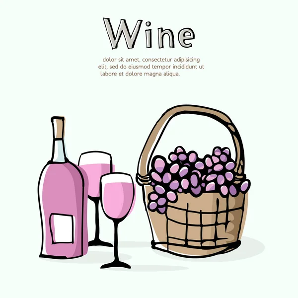 Rose Wine Grapes Wicker Basket Sketchy Composition Bottle Glasses Fresh — Stock Vector
