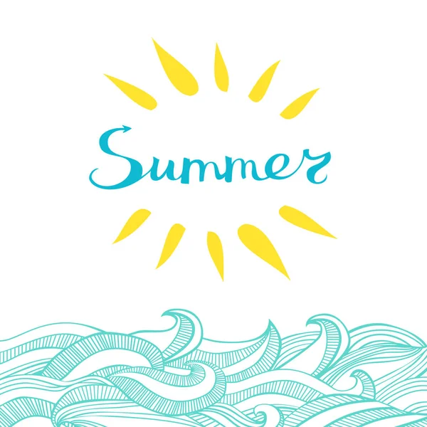 夏の太陽と波 フリーハンド レタリングと手描き落書きスタイル要素とレトロなカード ベクトル図 — ストックベクタ