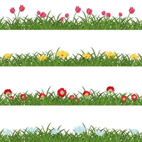 Horizontal Seamless Floral Borders Collection Repeatable Green Grass Lawns Tulips — Stock Vector