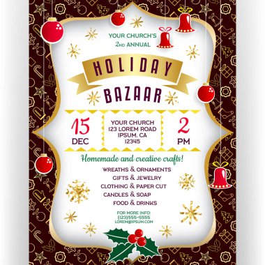 Poster kış tatil ın Bazaarı için. Vektör daveti ilanı kağıt ile Noel süs eşyaları, altın afiş ve kar taneleri etkisi sınırına kesti. Dikey afiş olay şablon tasarımı. Özelleştirilmiş metin.
