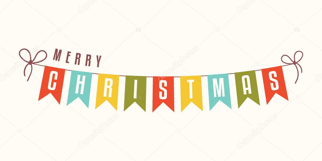 Merry Christmas decoration. Colorful garland of bunting flags and greeting text. Design element. Winter holidays theme. Vector illustration.