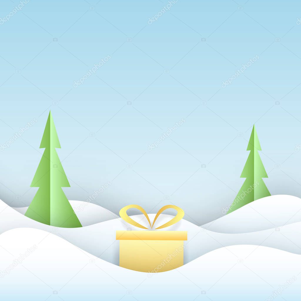 Abstract winter forest and gift box at snowdrifts background. Square card with 3D paper cut shapes with shadows. Template with carving art for holidays. Vector design layout.