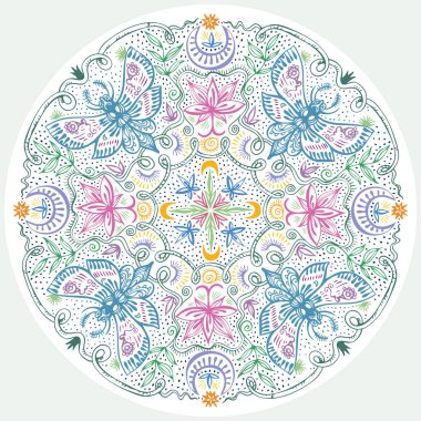 Renkli dantel Hint tarzı mandala. Elle çizilmiş zen sanat gece pervane, nilüferler, aylar ve bitkiler ile. Vintage tasarım öğesi dekor ve t-shirt moda tasarımı için. Maneviyat ve sihirli bir kavram. Vektör Eps8 olduğunu.